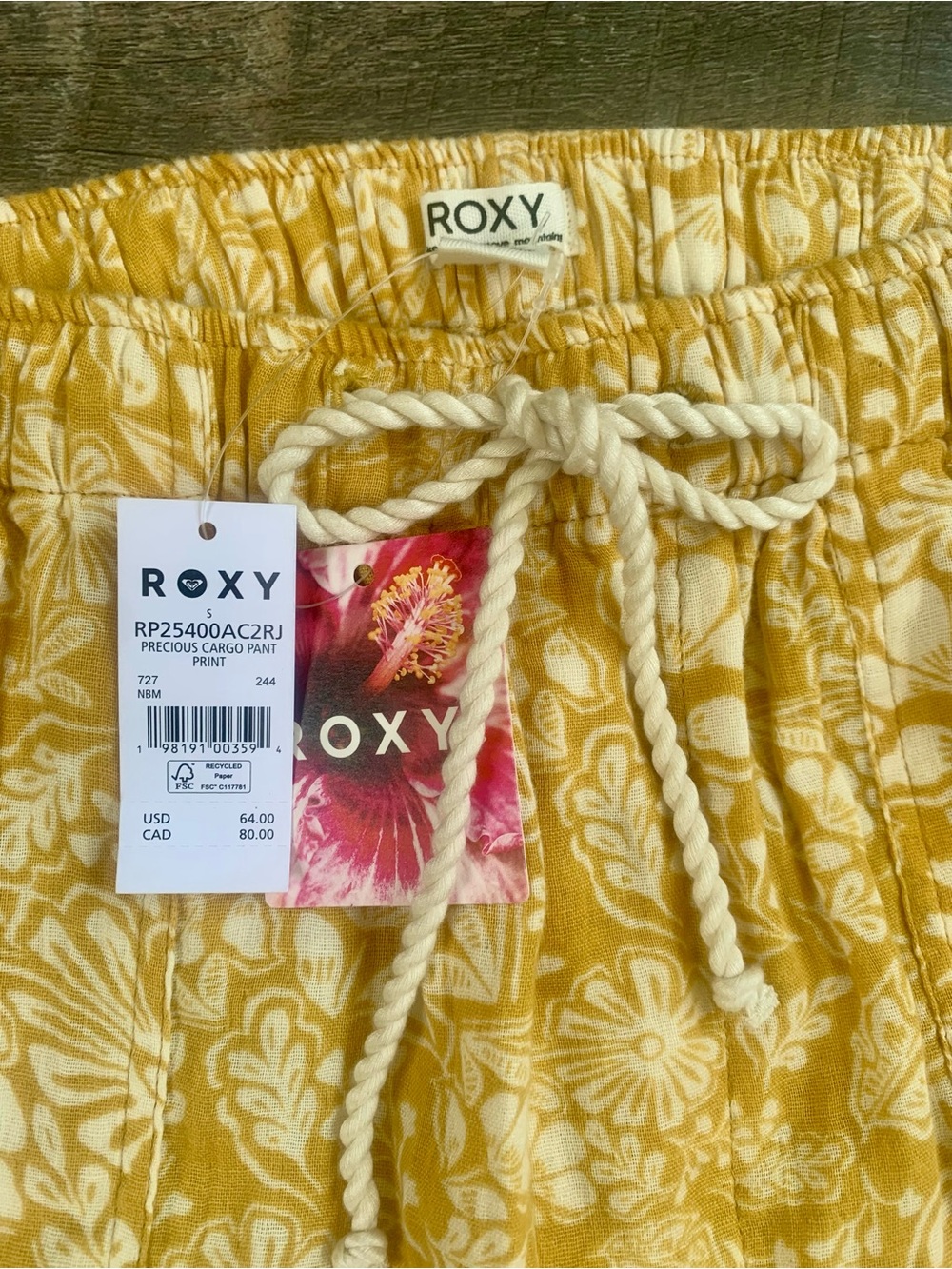Roxy Yellow Floral Cargo Pants with Cream Rope Drawstring
